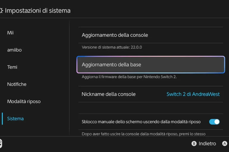 Schermata aggiornamento Nintendo Switch 22.0.0 NintendoOS con nuove funzionalità