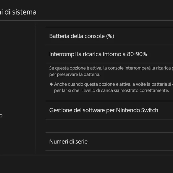 Nintendo Switch 2 impostazioni batteria opzione ferma ricarica 80 90 percento preservare durata