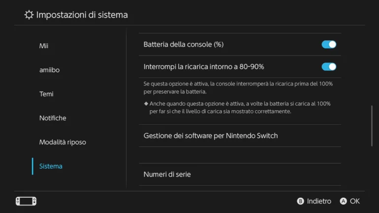 Nintendo Switch 2 impostazioni batteria opzione ferma ricarica 80 90 percento preservare durata