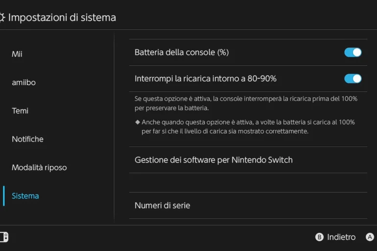 Nintendo Switch 2 impostazioni batteria opzione ferma ricarica 80 90 percento preservare durata