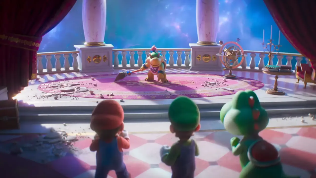Bowser Jr affronta Mario Luigi e Yoshi nella sala del castello Super Mario Galaxy Il Film