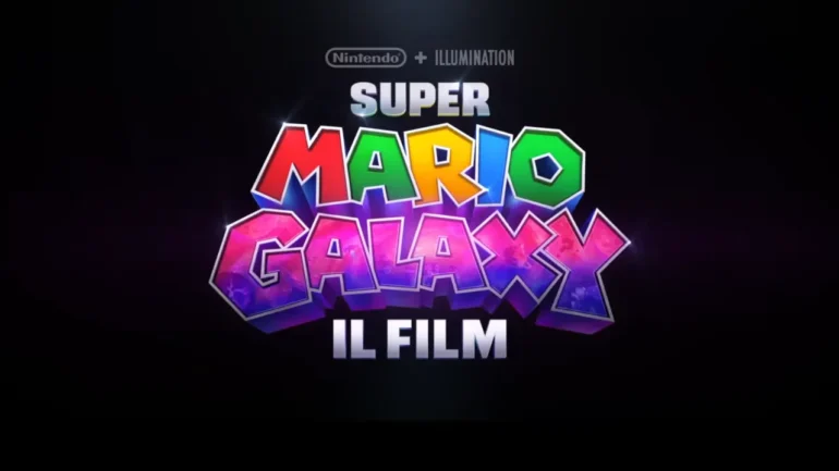Mario Luigi e Yoshi sorpresi oltre la balaustra nel film Super Mario Galaxy