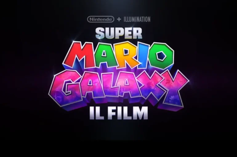 Mario Luigi e Yoshi sorpresi oltre la balaustra nel film Super Mario Galaxy