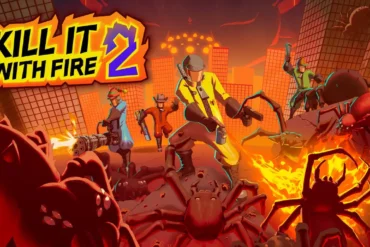 Quattro sterminatori in modalità co-op combattono ragni giganti con lanciafiamme e armi laser in Kill It With Fire 2.