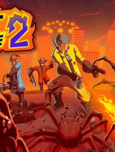 Quattro sterminatori in modalità co-op combattono ragni giganti con lanciafiamme e armi laser in Kill It With Fire 2.