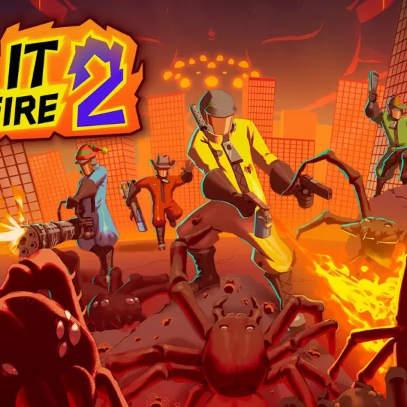 Quattro sterminatori in modalità co-op combattono ragni giganti con lanciafiamme e armi laser in Kill It With Fire 2.
