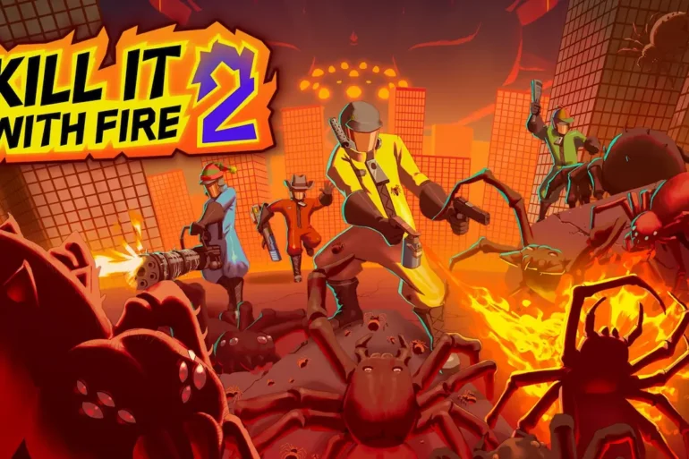 Quattro sterminatori in modalità co-op combattono ragni giganti con lanciafiamme e armi laser in Kill It With Fire 2.