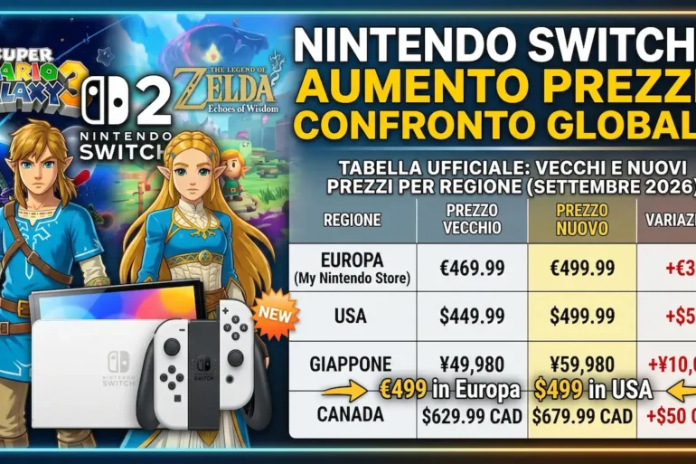 Nintendo Switch 2 aumento prezzi settembre 2026 Europa 499 euro USA 499 dollari Giappone Canada confronto tabella ufficiale