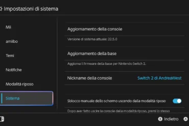 Schermata aggiornamento di sistema Nintendo OS versione 22.5.0 su Nintendo Switch 2