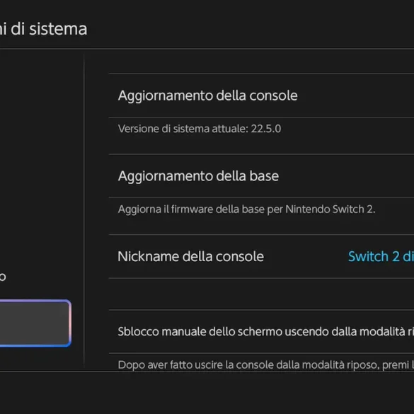 Schermata aggiornamento di sistema Nintendo OS versione 22.5.0 su Nintendo Switch 2