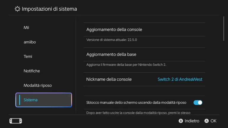 Schermata aggiornamento di sistema Nintendo OS versione 22.5.0 su Nintendo Switch 2