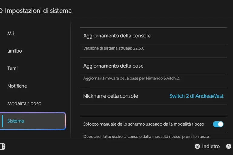 Schermata aggiornamento di sistema Nintendo OS versione 22.5.0 su Nintendo Switch 2