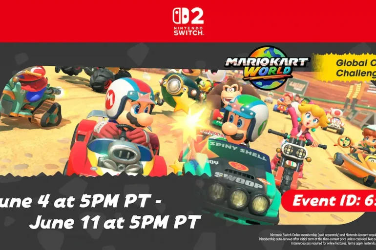 Schermata online di Mario Kart World con il logo del Global Online Challenge giugno 2026