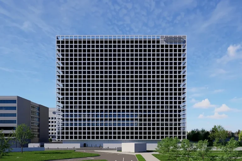 Rendering del nuovo Nintendo Technology Development Center a Kyoto, 49.305 metri quadrati di superficie per la ricerca e sviluppo hardware e software, completamento marzo 2029