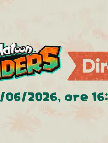 Logo dello Splatoon Raiders Direct con data 30 giugno 2026 e i personaggi del Trio Triglio sullo sfondo