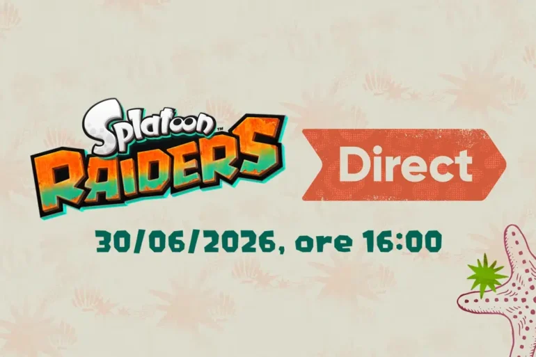 Logo dello Splatoon Raiders Direct con data 30 giugno 2026 e i personaggi del Trio Triglio sullo sfondo