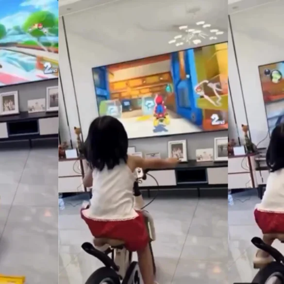 Video virale su X di una bambina che pedala su una bicicletta trasformata in cyclette mentre gioca a Mario Kart World su Nintendo Switch 2 con i comandi di movimento del Joy-Co