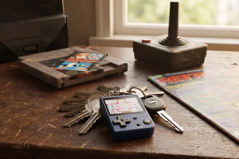 Un Nintendo Mini Classics portachiavi con Mario's Cement Factory, la miniatura funzionante dei Game & Watch lanciata da Nintendo nel 1998