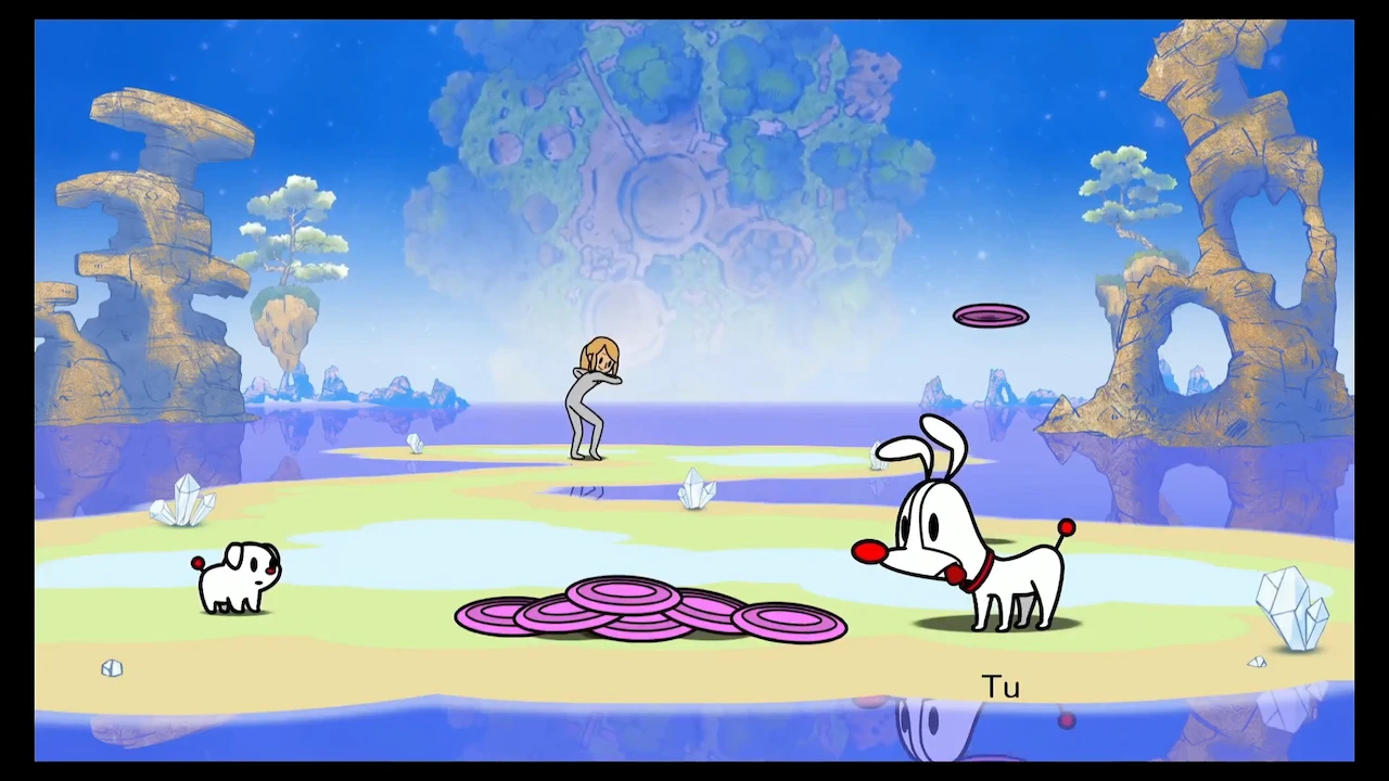 Minigioco a tema frisbee con un cane su un'isola fantastica in Rhythm Paradise Groove