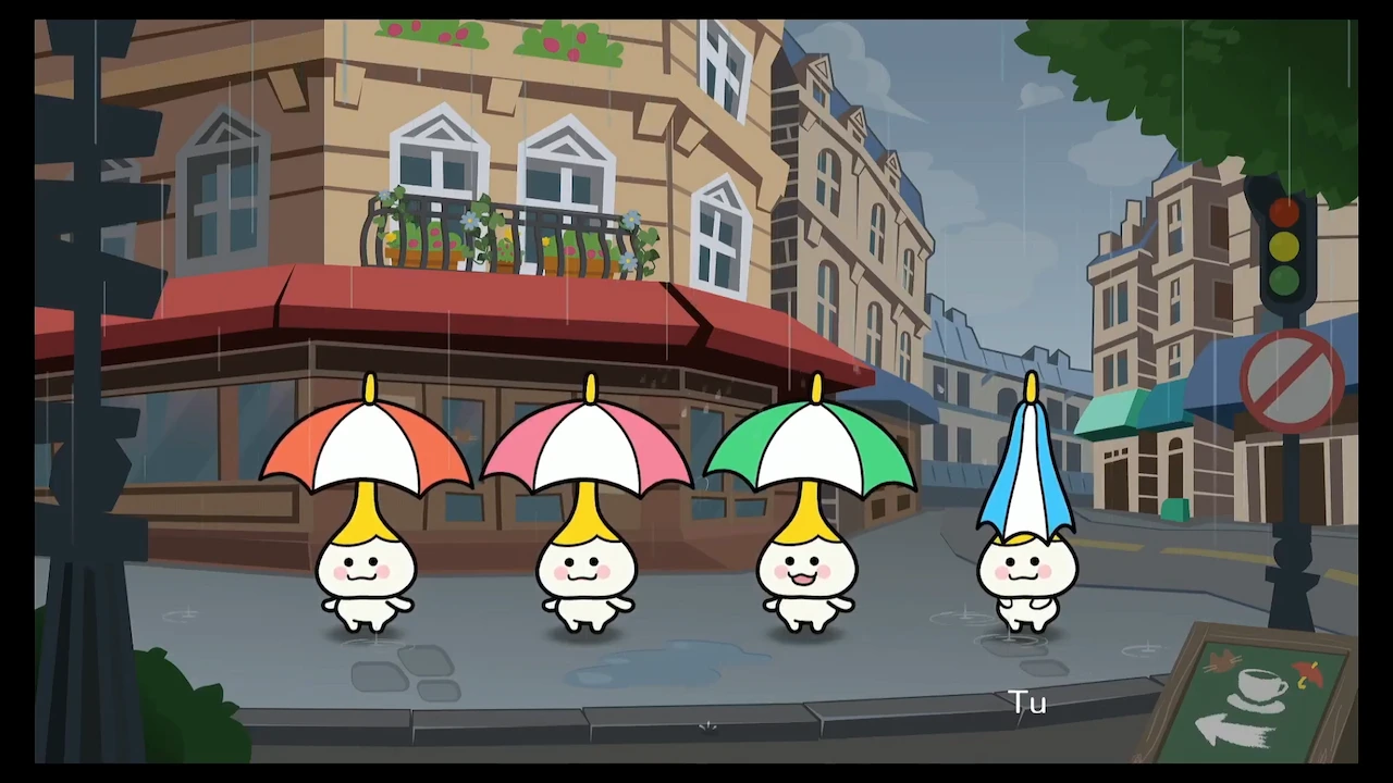 Minigioco con personaggi e ombrelli colorati sotto la pioggia in Rhythm Paradise Groove