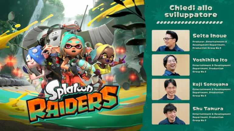 Il team di sviluppo di Splatoon Raiders — Inoue, Ito, Sonoyama e Tamura — racconta in "Chiedi allo sviluppatore" la genesi del gioco, dal completo ribaltamento della direzione artistica alla nascita della Macchinista e del Trio Triglio
