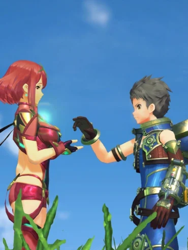 Rex e Pyra si incontrano in un campo erboso sotto il cielo di Alrest in Xenoblade Chronicles 2 – Nintendo Switch 2 Edition, disponibile da oggi 30 luglio 2026 con risoluzione 4K a 60 fps