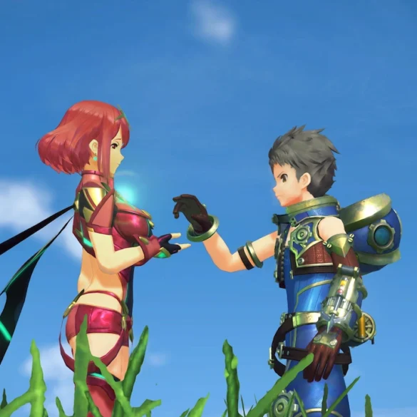 Rex e Pyra si incontrano in un campo erboso sotto il cielo di Alrest in Xenoblade Chronicles 2 – Nintendo Switch 2 Edition, disponibile da oggi 30 luglio 2026 con risoluzione 4K a 60 fps