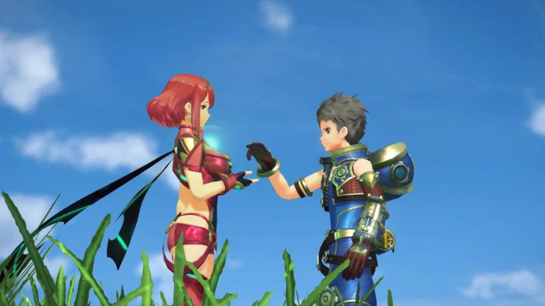 Rex e Pyra si incontrano in un campo erboso sotto il cielo di Alrest in Xenoblade Chronicles 2 – Nintendo Switch 2 Edition, disponibile da oggi 30 luglio 2026 con risoluzione 4K a 60 fps