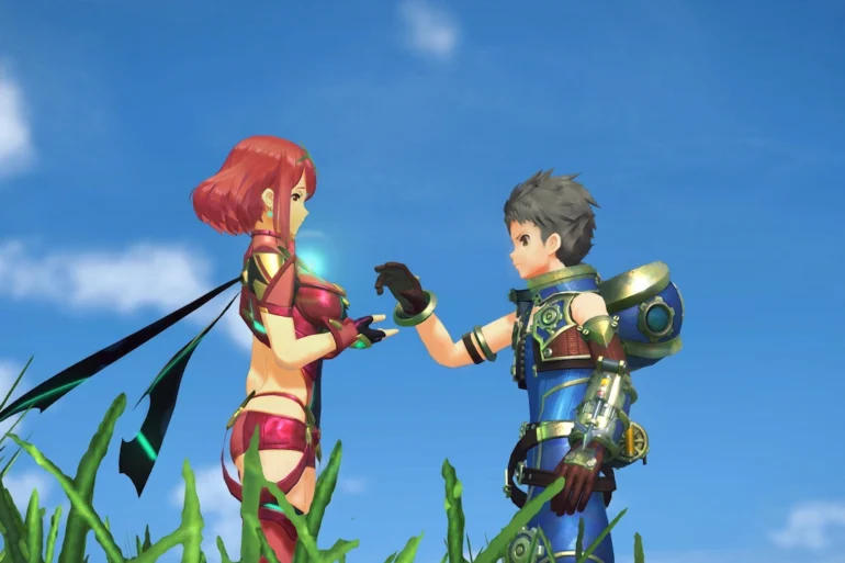 Rex e Pyra si incontrano in un campo erboso sotto il cielo di Alrest in Xenoblade Chronicles 2 – Nintendo Switch 2 Edition, disponibile da oggi 30 luglio 2026 con risoluzione 4K a 60 fps