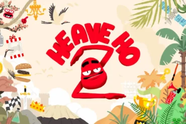 Heave Ho 2, key art ufficiale con il personaggio rosso e gli elementi degli otto mondi di gioco