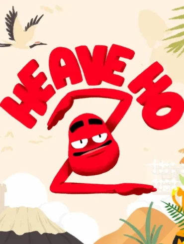 Heave Ho 2, key art ufficiale con il personaggio rosso e gli elementi degli otto mondi di gioco