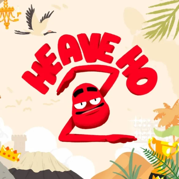 Heave Ho 2, key art ufficiale con il personaggio rosso e gli elementi degli otto mondi di gioco