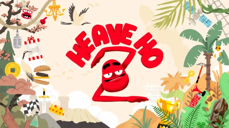 Heave Ho 2, key art ufficiale con il personaggio rosso e gli elementi degli otto mondi di gioco