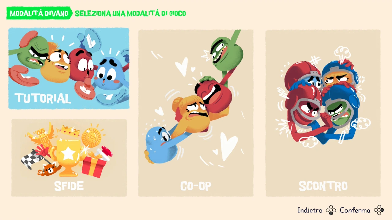 Menu di selezione modalità Tutorial, Sfide, CO-OP e Scontro in Heave Ho 2