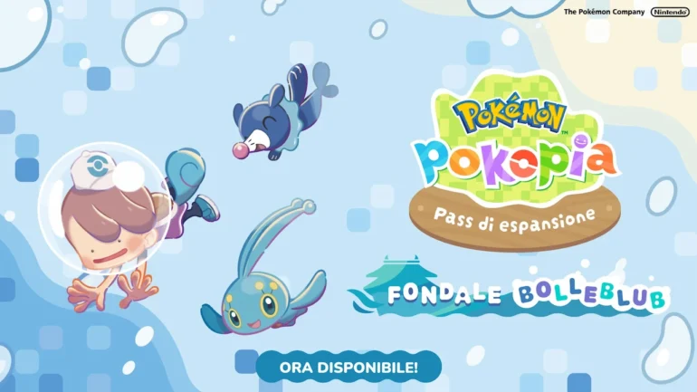 Pokémon Pokopia riceve dal 5 agosto 2026 l'aggiornamento gratuito 2.0 con la mossa Sub e la Parte 1 del Pass di espansione con il Fondale Bolleblub, una nuova città sottomarina con Popplio, Mudkip e Corphish